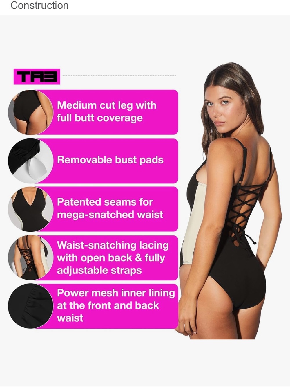TA3 PLUNGEY V-Neck One-Piece Swimsuit in Black and Cream in Medium R/L - Picture 2 of 6